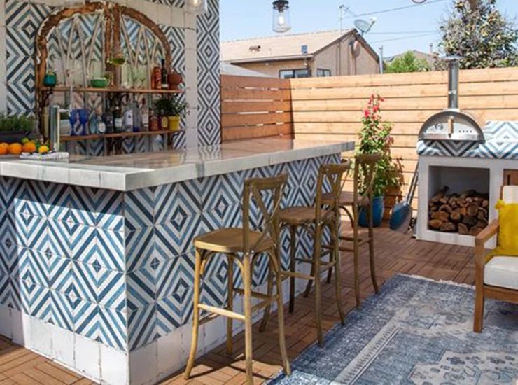 outdoor kitchen bar blue tiles Caribbean vibe